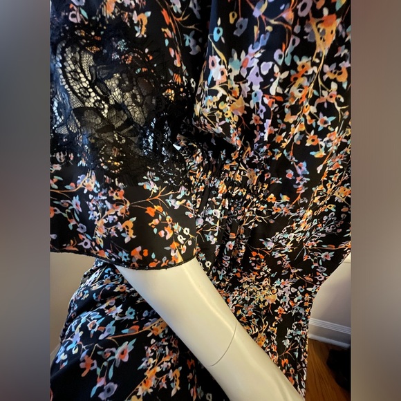 Silky Black Floral Dress, Lace Detail, On/Off Shoulder, 3/4 Sleeves, Sz Med, EUC - Picture 12 of 12